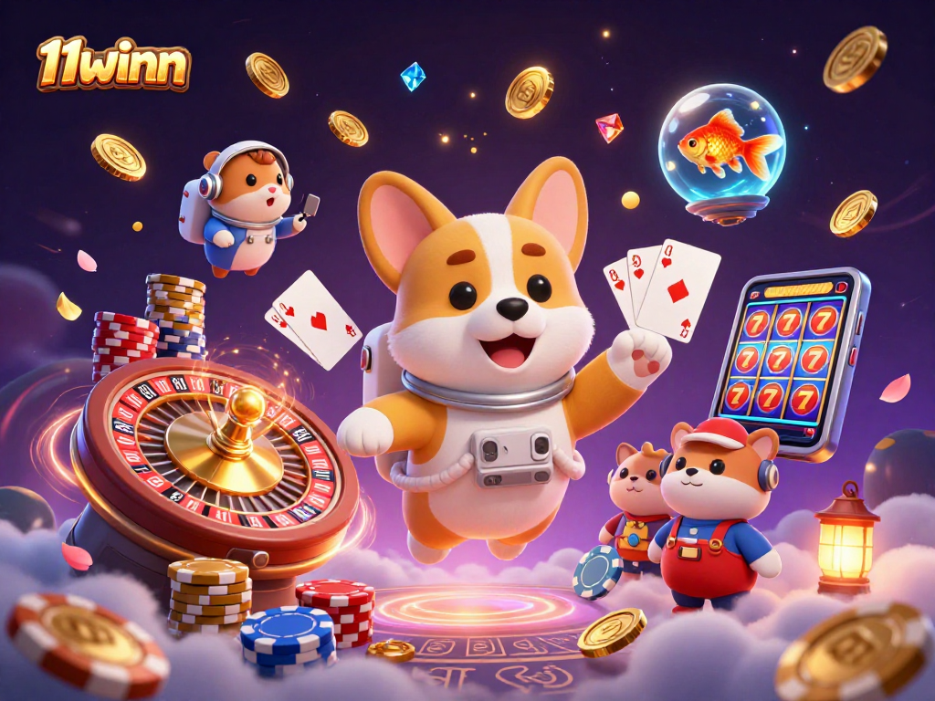 Experience the excitement of 11winn in vibrant 3D casino scene with floating characters and casino elements.