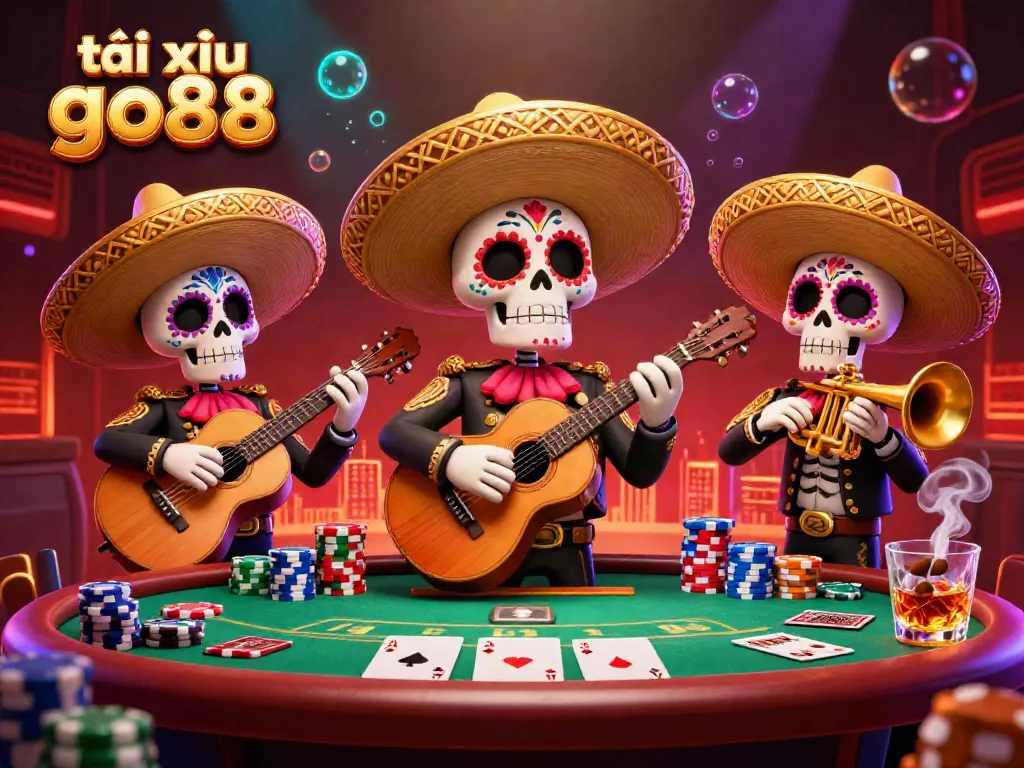 Experience the lively ambiance of tài xỉu go88 with a vibrant mariachi band against a colorful casino backdrop.