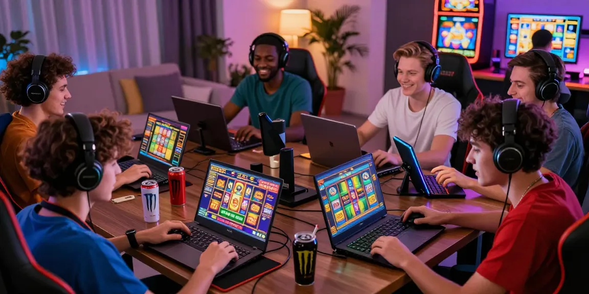 Pengalaman Slot online seru dengan pemain terlibat dalam permainan slot, menunjukkan semangat dan interaksi positif.