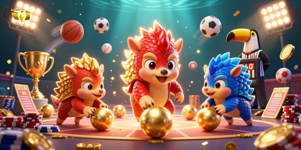 Sunwin pangolins compete while bowling through poker chips, enhanced with casino game elements.