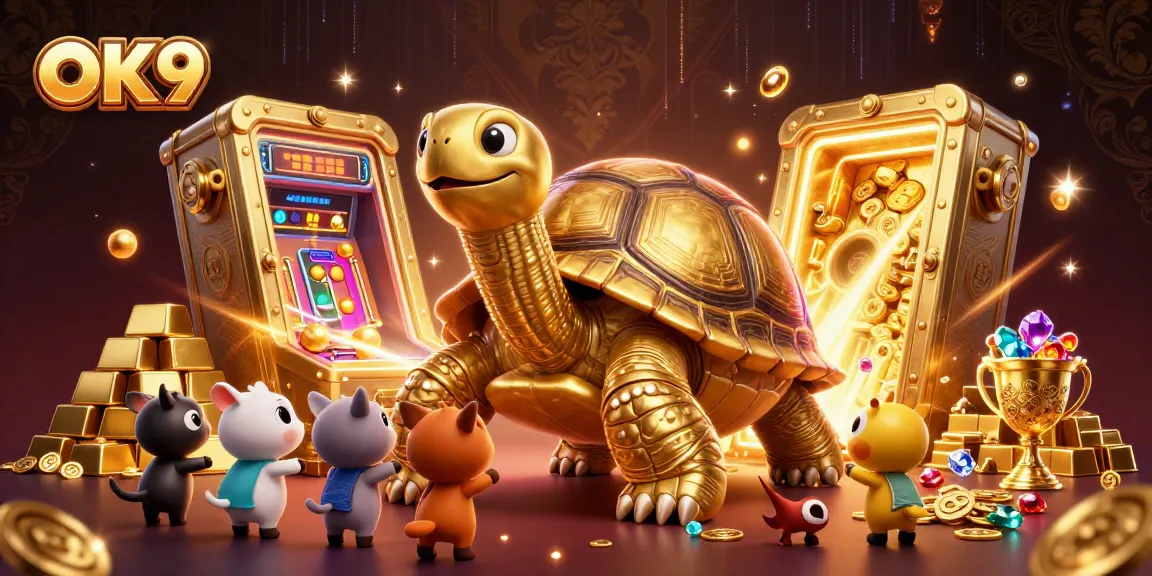 Experience the thrill of OK9 with this dynamic casino-themed illustration featuring playful characters and golden treasures.