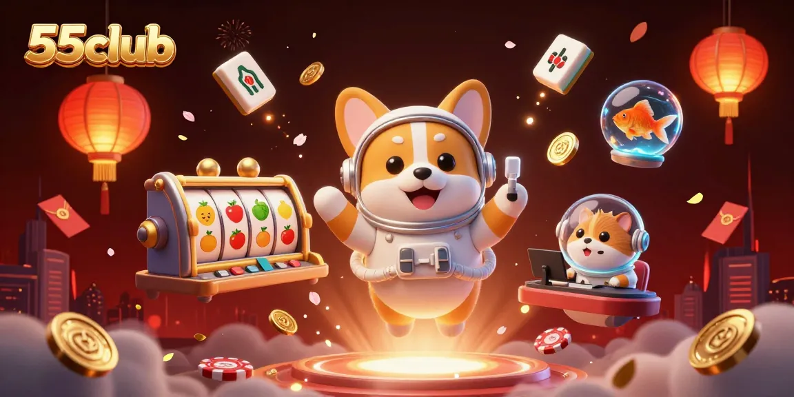 Engage with 55club's vibrant 3D casino scene featuring a playful astronaut corgi and rich symbols.