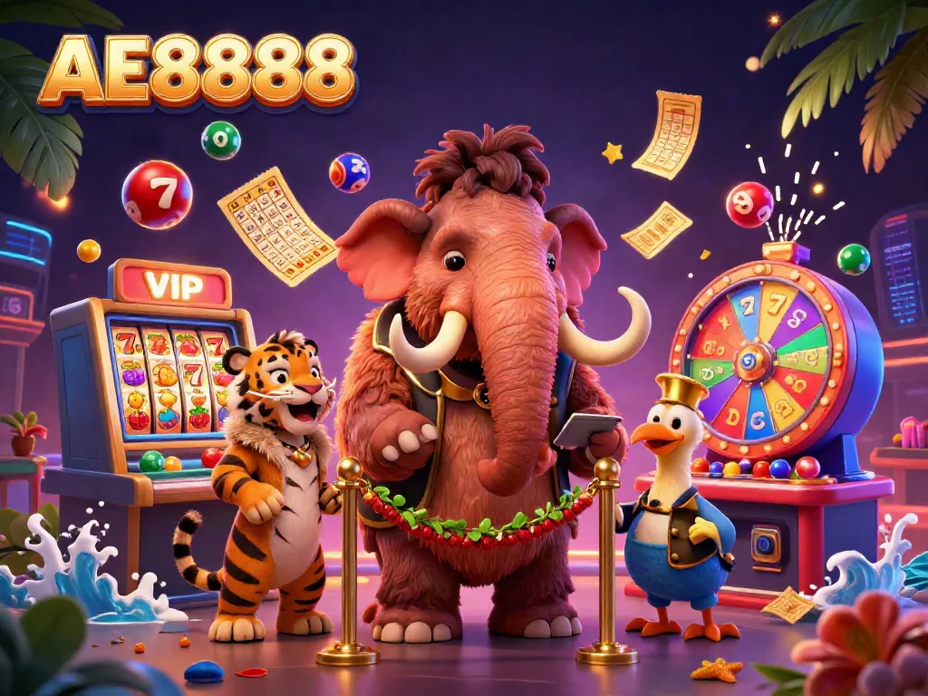 Engage with AE8888 gaming excitement through a vibrant casino scene featuring lively characters and dynamic elements.
