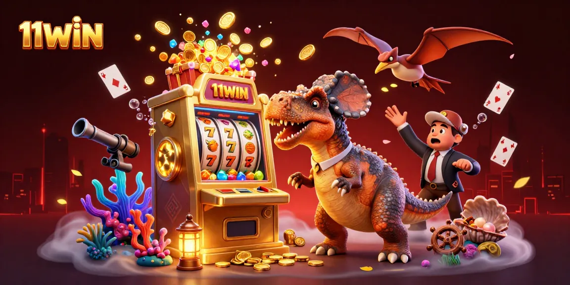 11WIN engages players with a vibrant casino scene featuring a dinosaur jackpot win.