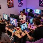 Exciting gaming lounge with friends enjoying a porn game online on multiple devices