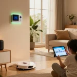 Modern living room showcasing tech gadgets for home, including smart devices and family interacting with a tablet.