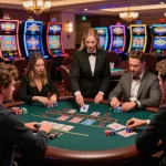CM88 blackjack players strategizing at an elegant casino table with vibrant lighting and engaged atmosphere.