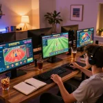 Trải nghiệm sự phấn khích của Liên Kết 12bet trên một thiết lập game tại nhà hiện đại với nhiều màn hình.