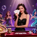 Experience thrilling gameplay at au88a with our elegant ace-holding dealer surrounded by dynamic casino elements.