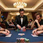 Players engaged in intense poker gameplay at a luxurious casino, emphasizing strategic moments at trang chủ cm88.