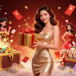 Experience the thrill of v788 with golden coins and festive casino elements spilling across the scene.