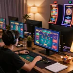 Nohu online gaming setup with vibrant screens depicting poker and slots, capturing engaging gameplay.