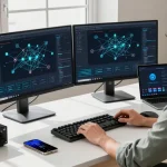 快连應用程式介面顯示在現代科技工作空間的筆記型電腦上
