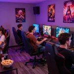 Friends enjoying HTML hentai games in a vibrant gaming lounge with snacks.