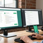 Efficient workspace showcasing WhatsApp電腦版 interface on monitor with chat threads.