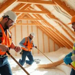 Efficient open cell spray foam removal by professionals in a bright attic setting.
