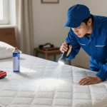 Effective bed bug pest control in a residential bedroom with expert examination and tools.