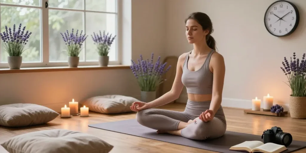 Anxiety meditation session highlighting how anxiety can cause high blood pressure, with a young woman practicing mindfulness in a soothing environment.