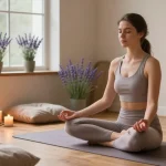 Anxiety meditation session highlighting how anxiety can cause high blood pressure, with a young woman practicing mindfulness in a soothing environment.