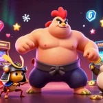 Experience the excitement of 9bet login with a powerful sumo wrestler, samurai cricket, and casino graphics.