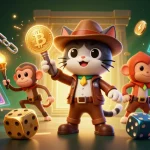 Discover no deposit bonus codes with the energetic explorer cat and monkey in a vibrant casino sanctuary.