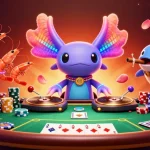 Experience the thrill with 99ok as a neon axolotl DJ spins poker excitement in a vibrant casino scene.
