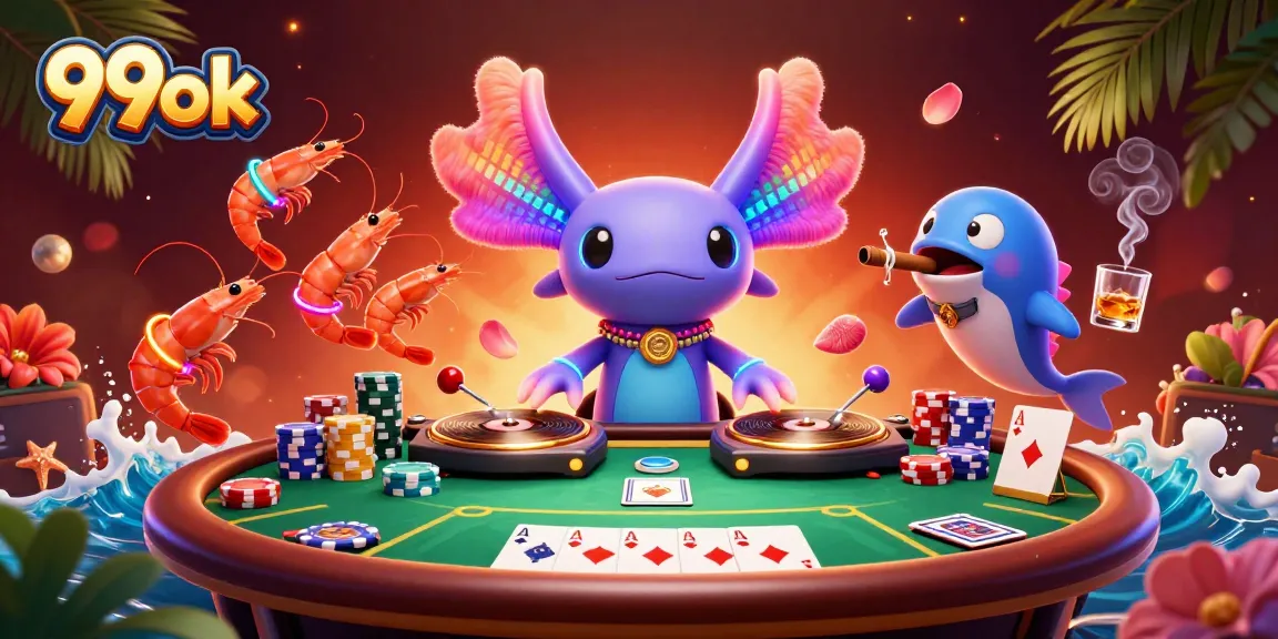 Experience the thrill with 99ok as a neon axolotl DJ spins poker excitement in a vibrant casino scene.