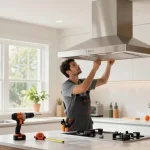 Professional performing exhaust hood installation in a bright kitchen.