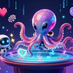 Experience the excitement of Link vào Dabet with a vibrant 3D alien octopus at a holographic poker table.
