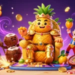 Experience luck8's immersive slot games as the golden pineapple king reigns supreme on a vibrant beach casino backdrop.