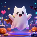 Engage in the magical world of trang chủ sky88 with a vibrant illustration featuring ghostly cats, casino elements, and glowing arcade games.