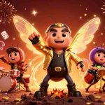 Z188 slots scene featuring a cicada rock star, beetle drummer, and vibrant game elements in a festive atmosphere.