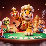 The tiger sultan soars on a poker chip carpet at hm88, surrounded by vibrant casino elements.