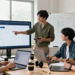 在 quickq官网 的现代办公室场景中，开发者团队围绕着展示 VPN 应用界面的屏幕进行合作，营造出活跃的工作气氛。