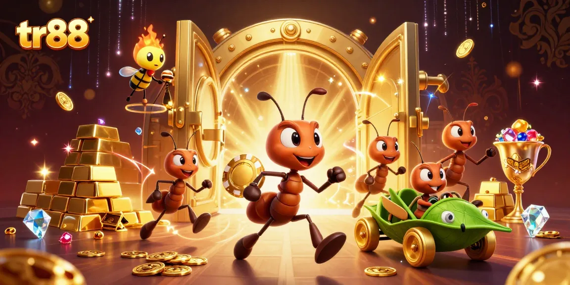 tr88 ants execute a heist with a giant poker chip amidst treasures and casino elements