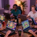 Pengalaman Slot online seru dengan pemain terlibat dalam permainan slot, menunjukkan semangat dan interaksi positif.