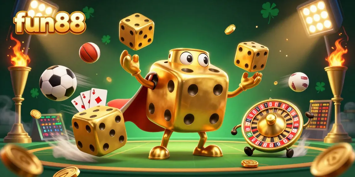 Experience fun88 excitement with lively golden dice and dynamic sports elements in this vibrant casino illustration.
