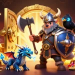 Experience the thrill of fly88 with a Viking warrior, ice dragon, and treasure in a vibrant casino illustration.