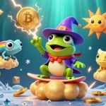 Tài xỉu sunwin showcases an epic scene with a wizard frog and chameleon amid crypto elements.