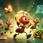 llwin showcases ants heisting a massive poker chip amid vibrant casino elements in a dazzling scene.