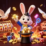 Join the thrilling action with 11WIN as a magician rabbit unveils treasures in a vibrant casino scene.