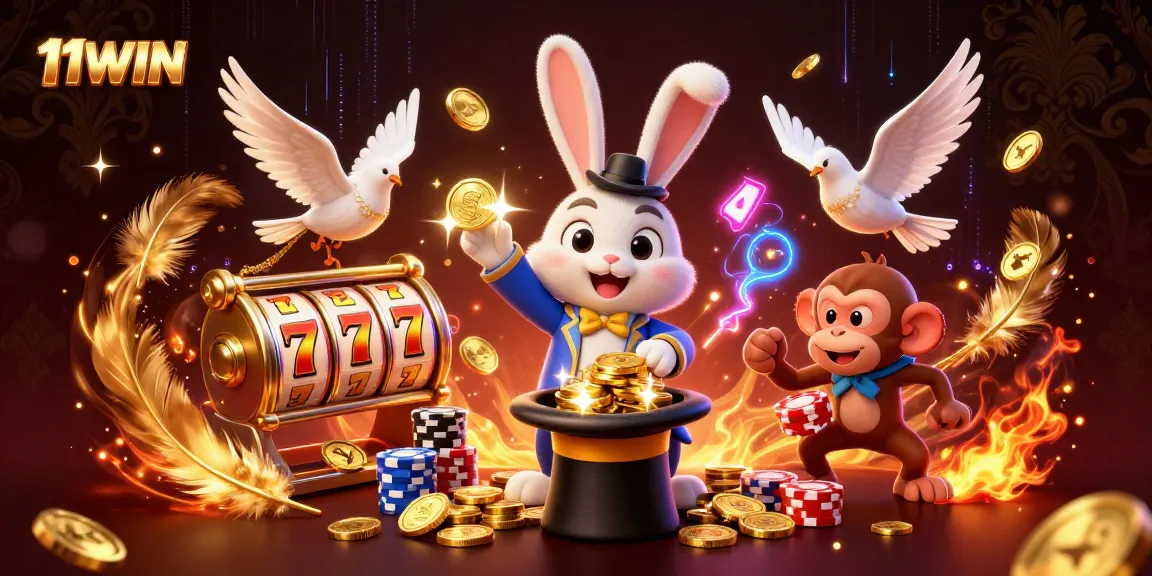 Join the thrilling action with 11WIN as a magician rabbit unveils treasures in a vibrant casino scene.