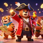 Cascade of excitement with 92lottery as cartoon pirate bear and tiger explore winning opportunities in a vibrant lottery setting.