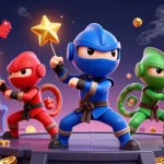 Experience thrilling action with the 11WIN ninja chameleon team in an engaging casino-themed illustration.