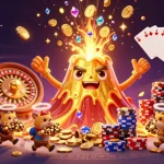 Experience big wins at ae889 with a golden volcano illuminating a treasure-filled casino scene.
