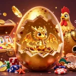 Engage in exciting casino games online with a dynamic illustration of a golden dragon amidst colorful game elements.