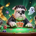 11WIN showcases a thrilling casino scene featuring a Frankenstein bulldog dealing cards and a ghost mouse amid winning tokens.