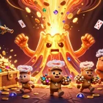 Engage with exciting kèo nhà cái action featuring a triumphant golden volcano erupting treasure in a vibrant casino scene.