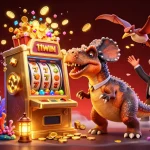 11WIN engages players with a vibrant casino scene featuring a dinosaur jackpot win.